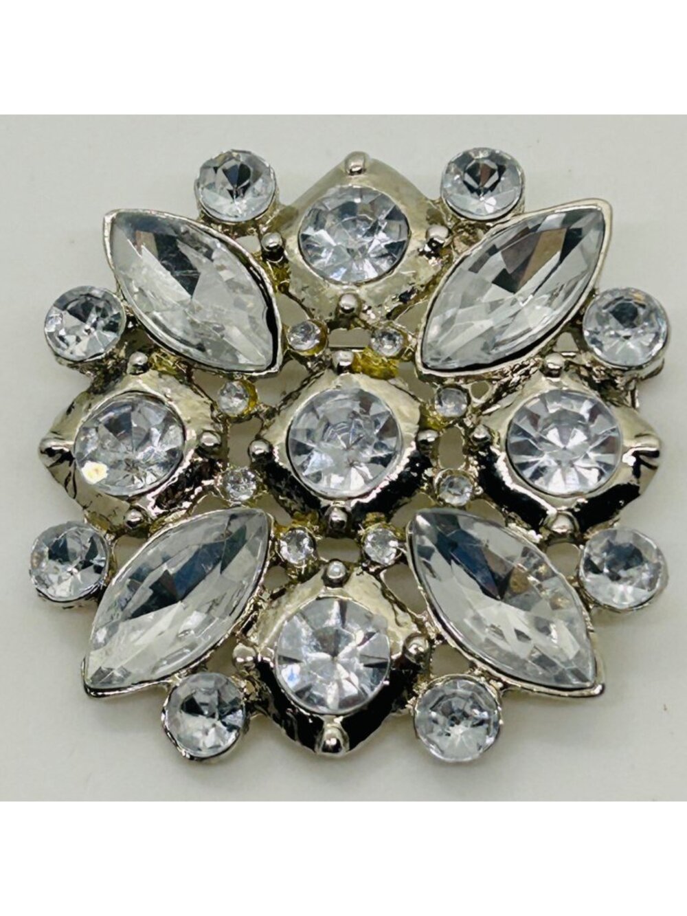 Geometric Brooch Pin Silver Tone Clear Rhinestone Marquise Round Cluster Vintage